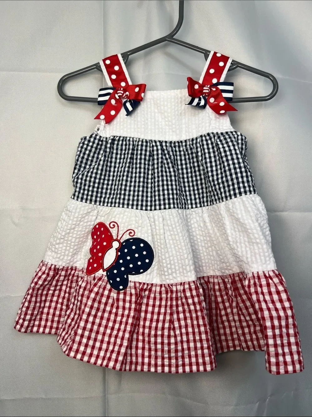 Rare Editions red white blue tiered Searsucker Patriotic dress butterfly accent